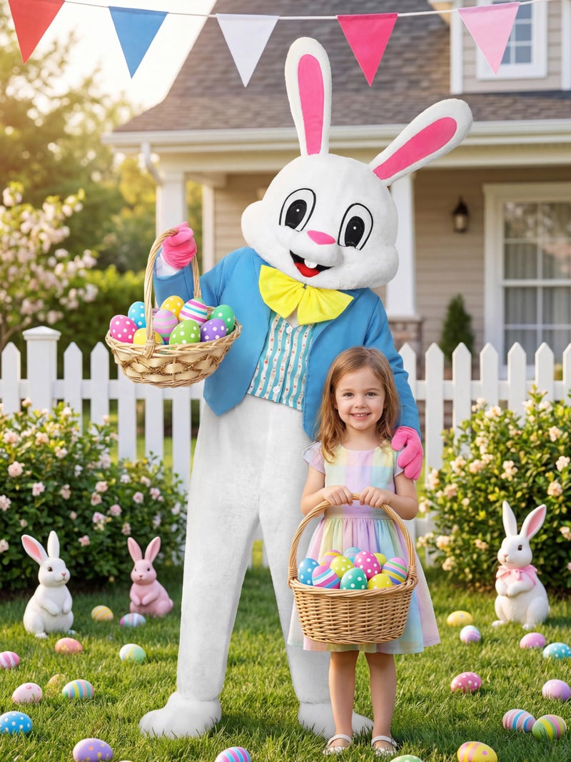SOMSOC 6 Pieces Easter Bunny Costume Set Adult Rabbit Costume One Piece Suit Waistcoat Bow Tie Shoes Party Favors - Image 4