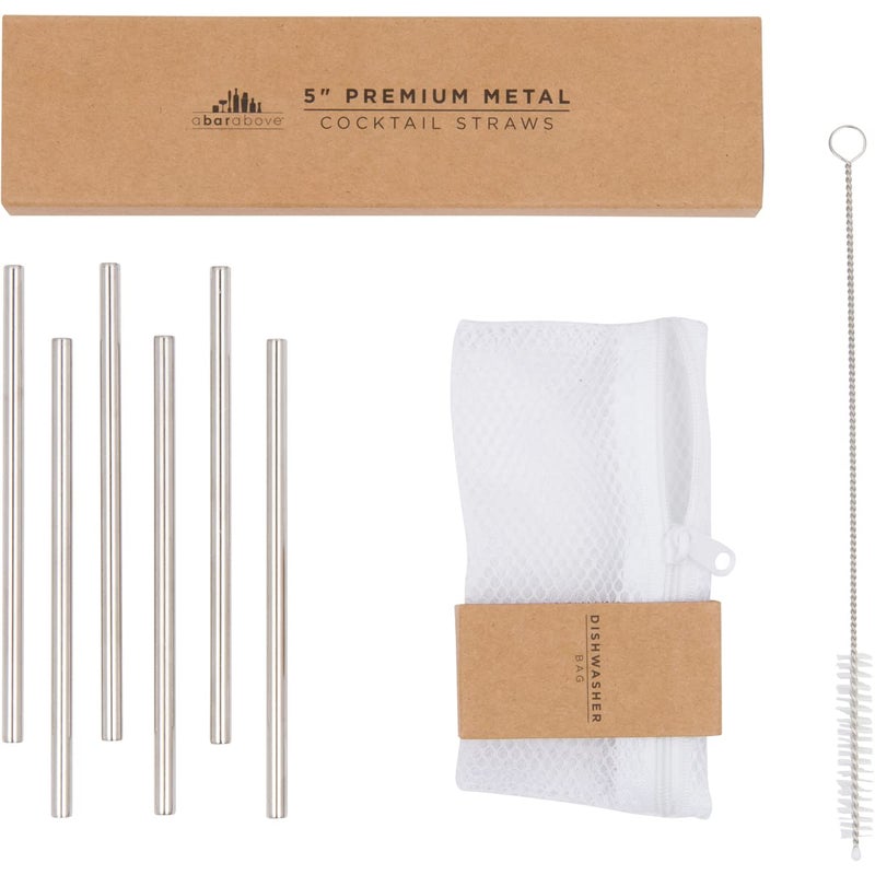 A Bar Above A Bar Above Short Cocktail Straws Stainless Steel Straws Metal Straw Reusable Set with Straw Cleaner Brush Dishwasher Bag Reusable Straw for Drinking Stirring Set of 6 
