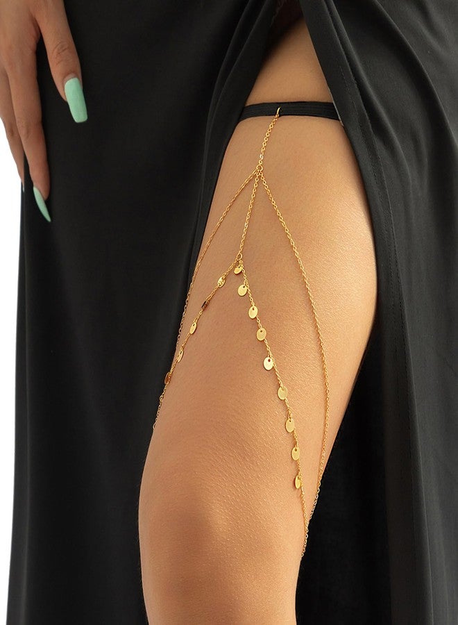 Rotaiboes Simple Gothic Black Metal Leg Chain Bikini Layered Thigh Body Chain Jewelry Summer Beach Elastic Adjustable Thigh Chain Jewelry for Women (Gold) - Image 2