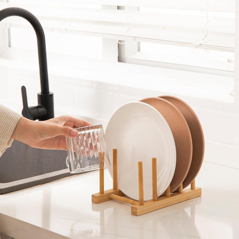 HBlife 4pcs Bamboo Dish Plate Bowl Cup Book Pot Lid Cutting Board Drying Rack Stand Drainer Storage Holder Organizer Kitchen CabinetKeep Dry - Image 3