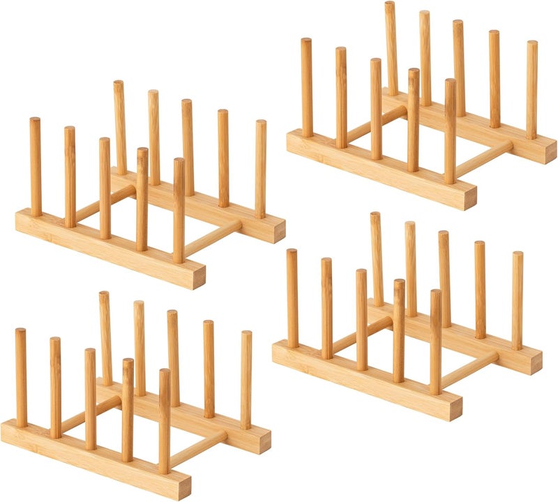 HBlife 4pcs Bamboo Dish Plate Bowl Cup Book Pot Lid Cutting Board Drying Rack Stand Drainer Storage Holder Organizer Kitchen CabinetKeep Dry - Image 1
