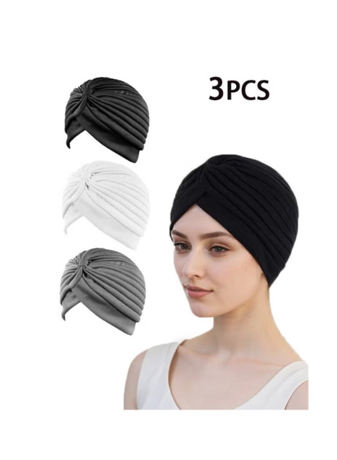 FLOWING 3 Pieces Turbans for Women Soft Turban Head Wrap Pleated Beanie Cap - Image 1