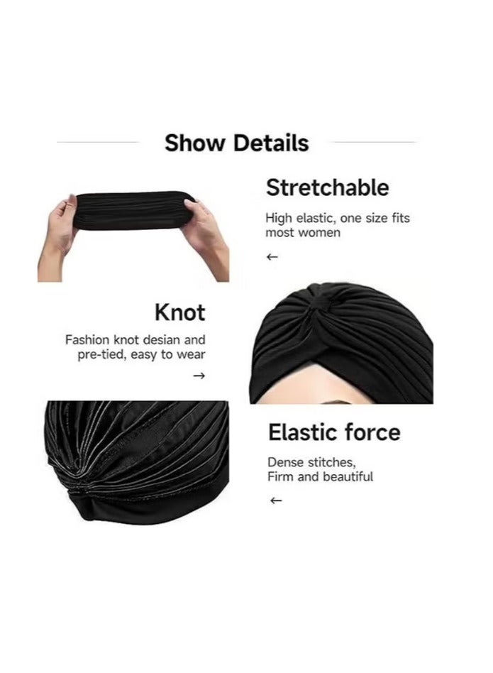 FLOWING 3 Pieces Turbans for Women Soft Turban Head Wrap Pleated Beanie Cap - Image 3