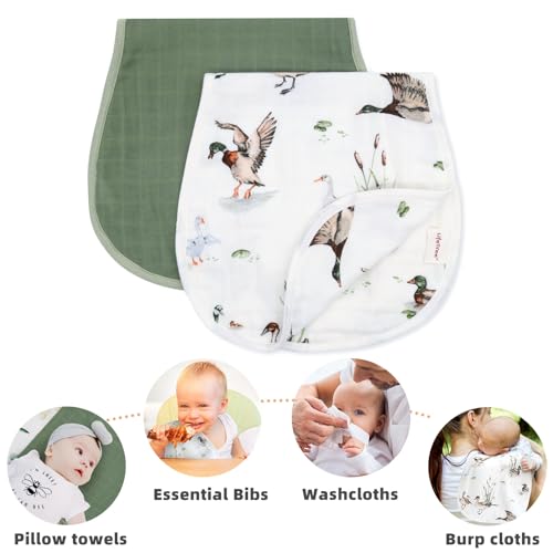 LifeTree Muslin Baby Burp Cloths - 2 Pack 70% Viscose from Bamboo and 30% Cotton Large 22'' by 10'' Absorbent Milk Spit Up Rags - Burping Cloths for Newborn, Girls Boys, MallardDuck & Olive - Image 2