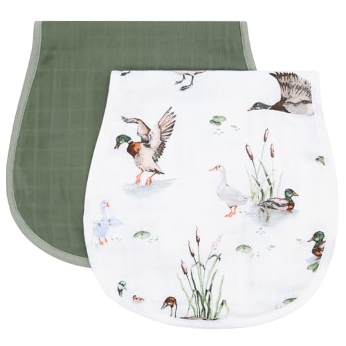 LifeTree Muslin Baby Burp Cloths - 2 Pack 70% Viscose from Bamboo and 30% Cotton Large 22'' by 10'' Absorbent Milk Spit Up Rags - Burping Cloths for Newborn, Girls Boys, MallardDuck & Olive - Image 1