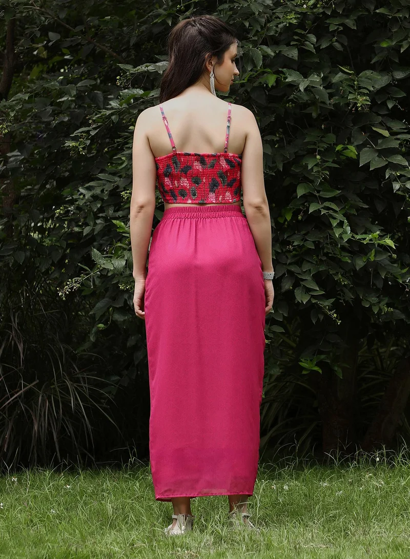 QISSA  Qissa Women's Raspberry Pink Flora-Imprint Draped Co-Ord Set For Ethnic Wear | Spagetti Straps, Quarter Kimono Sleeves | Floral Print Plain Fabric | 3 Piece Co-Ords Designed For Evening & Party Wear for Women | Best Price UAE