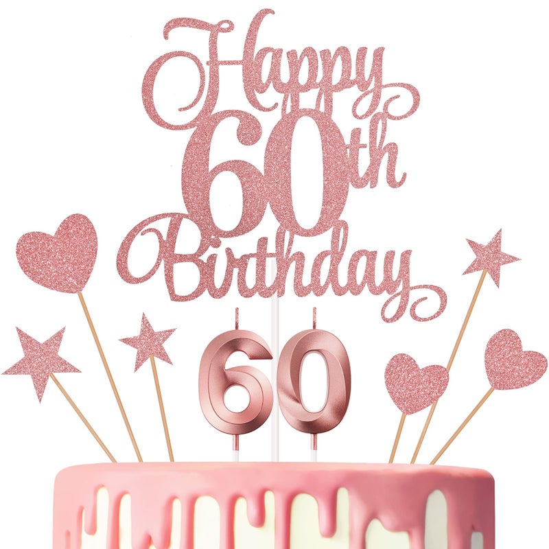 Lecferrarc 60th Birthday Cake Toppers, 60th Birthday Candles Numeral Candles and Glitter Cake Decorations Toppers Set for Party Supplies (Rose Gold) - Image 1
