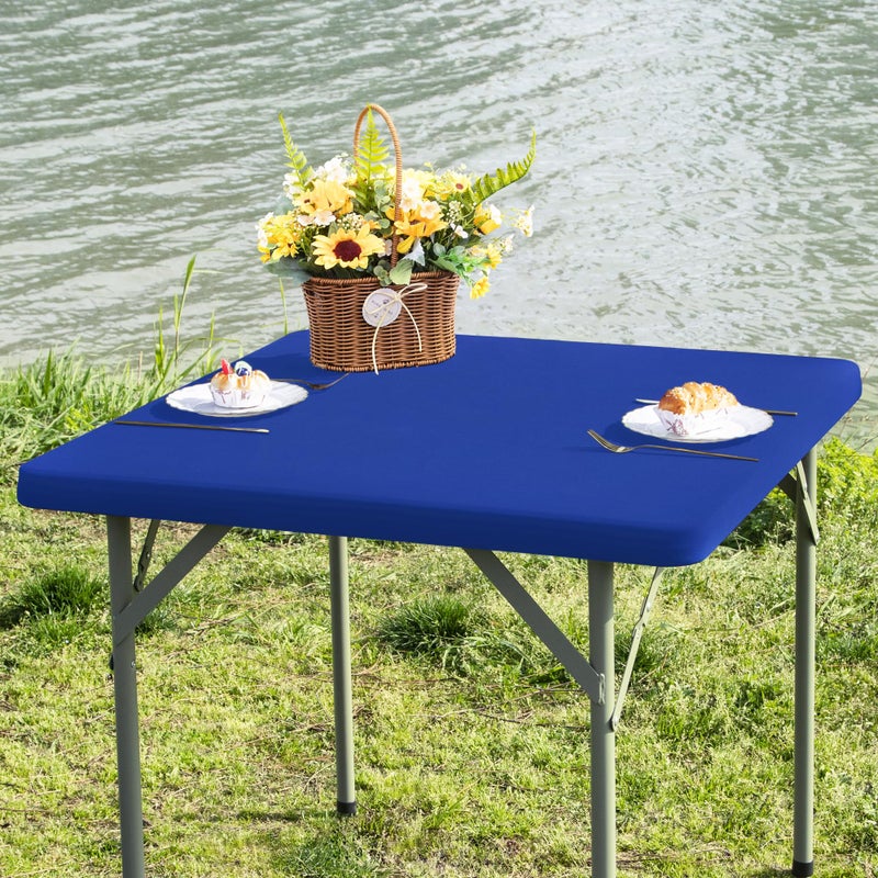 Nacuci Square Fitted Table Cover Elastic Tablecloth Stretch Spandex Table Top Cover Table Topper Cap for Dining Kitchen Home Party Blue 34X34 Inch - Image 1