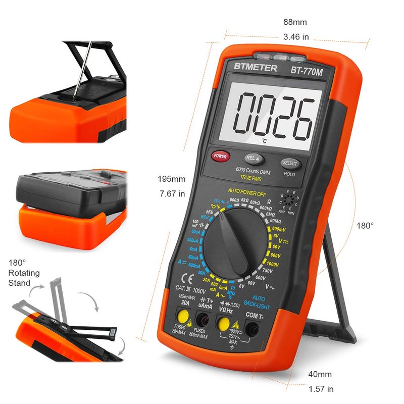 BTMETER Digital Multimeter TRMS 6000 Count, BTMETER BT-770M Auto/Manual Ranging DMM Electrical Meter Tester for AC/DC Amp, AC/DC Volt, Ohm Capacitance Frequency Continuity Temperature NCV, Auto Backlight - Image 4