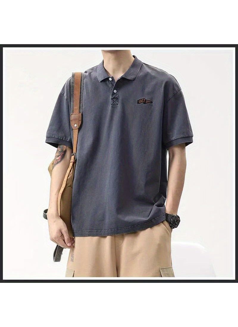 Generic - American Style Vintage Polo Shirt For Men Loose Fit Trendy Brand Workwear Lapel T-shirt Versatile Half Sleeve Top Summer Wear 9002-White - Image 1