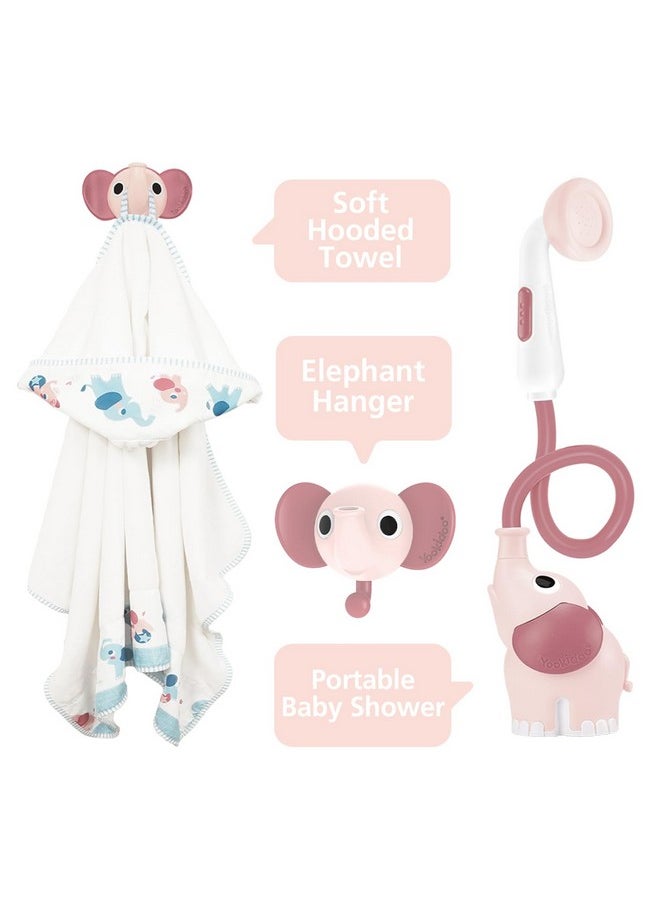 Yookidoo Yookidoo Baby Bath Elephant Shower Head Gift Set - Includes Hooded Towel & Hanger - Control Water from 2 Elephant Trunk Knobs for Max Fun in Tub or Sink Newborns, Toddlers, Boys, Girls (Blush Pink)  - Image 2