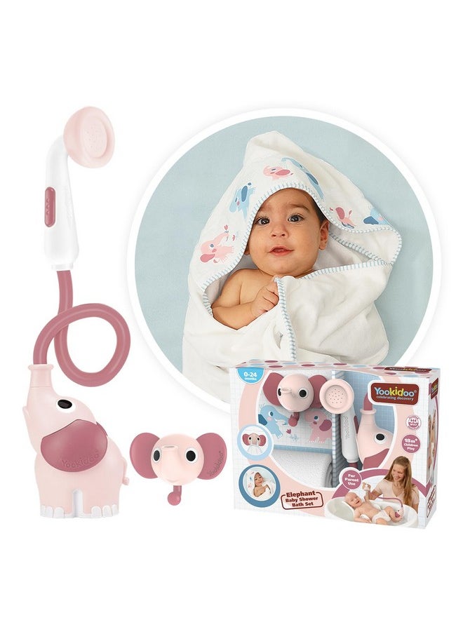 Yookidoo Yookidoo Baby Bath Elephant Shower Head Gift Set - Includes Hooded Towel & Hanger - Control Water from 2 Elephant Trunk Knobs for Max Fun in Tub or Sink Newborns, Toddlers, Boys, Girls (Blush Pink)  - Image 1