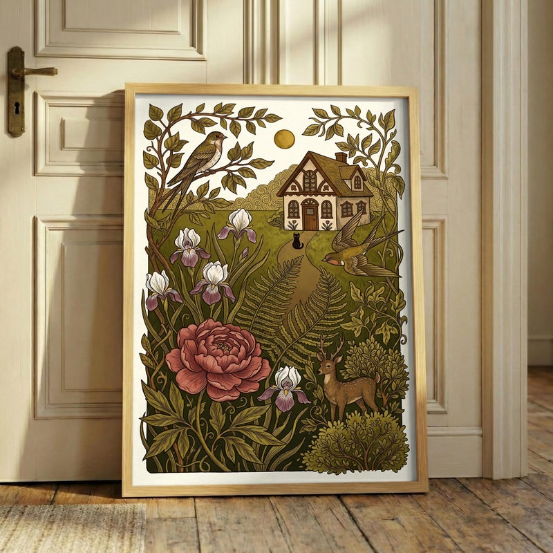 TNESSENTIAL Cottagecore Forest Print – Black Cat Wall Art, Vintage Folk Art Illustration, Woodland Botanical Poster, Whimsical Nature Decor, Cat Gift - Image 1
