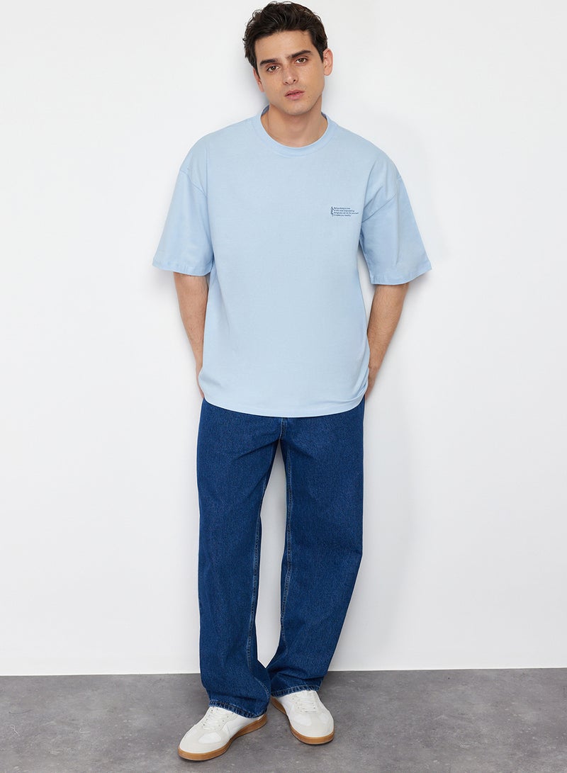 trendyol Light Blue Oversize Cotton Crew Neck T-Shirt with Minimal Print TMNSS23TS00084 - Image 3