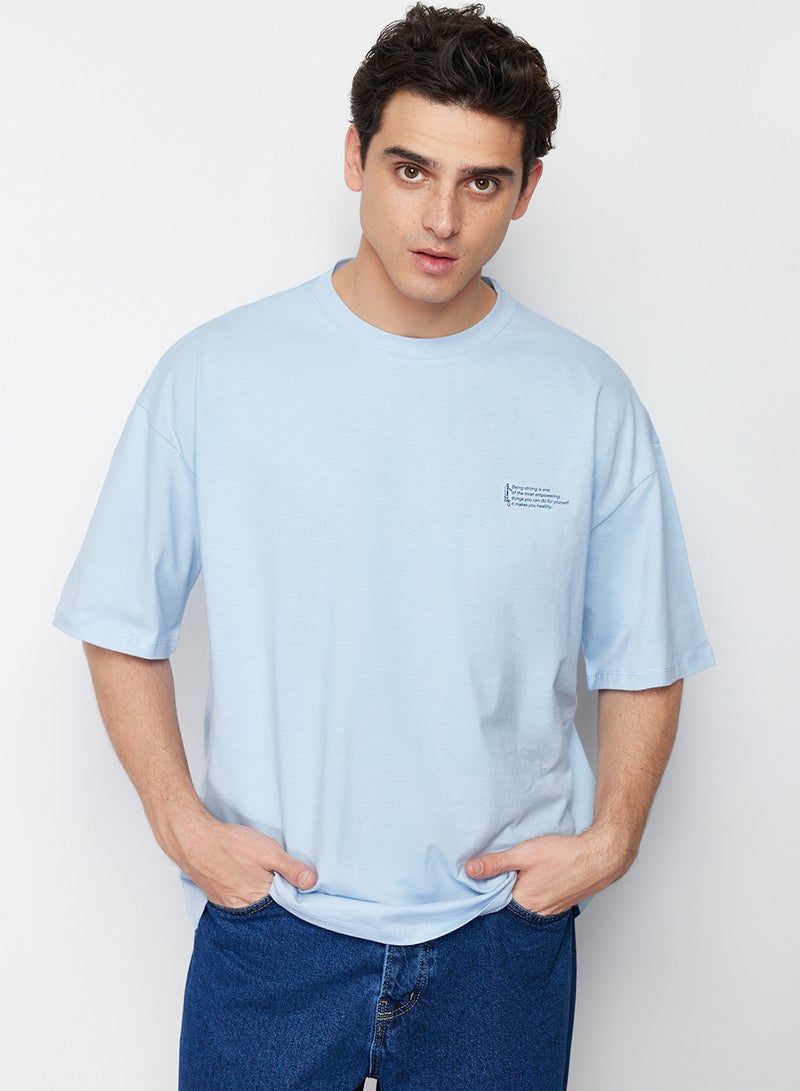 trendyol Light Blue Oversize Cotton Crew Neck T-Shirt with Minimal Print TMNSS23TS00084 - Image 1