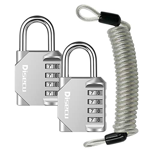 Disecu 2 Pack disecu 4 Digit Combination Lock, Outdoor Waterproof Padlock with Steel Cable for School Gym Locker, Helmet, Gate, Fence, Luggage (Silver) - Image 1