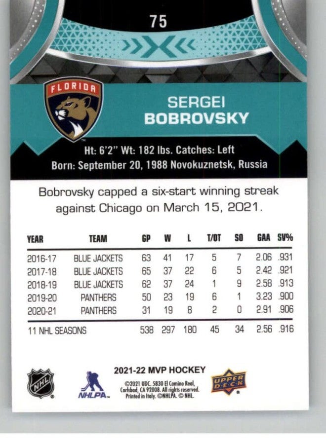 Upper Deck 2021-22 Upper Deck MVP #75 Sergei Bobrovsky Florida Panthers NHL Hockey Trading Card - Image 2