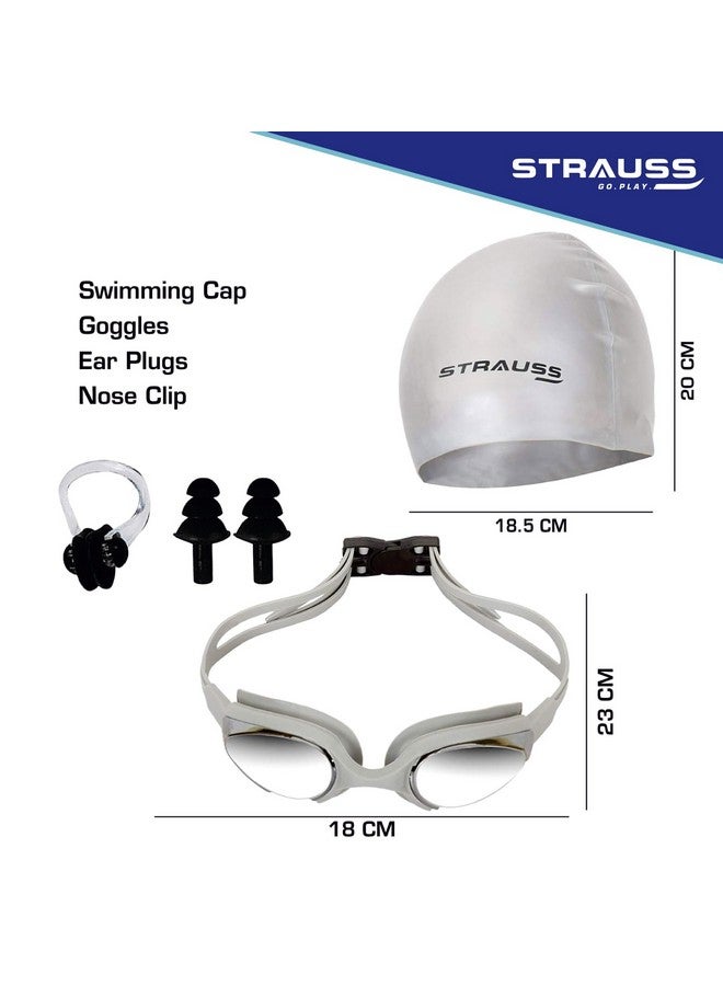 شتراوس طقم سباحة STRAUSS مع نظارات واقية من الأشعة فوق البنفسجية والضباب، وغطاء سباحة، وسدادات أذن وسدادات أنف - طقم سباحة مناسب لجميع الفئات العمرية | قابل للتعديل بالكامل | (رمادي) - Image 3