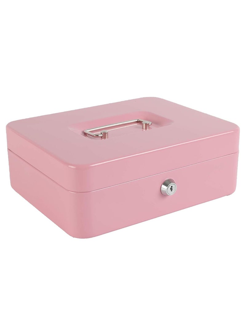 Steel Cash Box with Key Lock, Metal Small Money Organizer with Money Tray, Cash Storage Box with Lockable Cover, Pink - Image 1