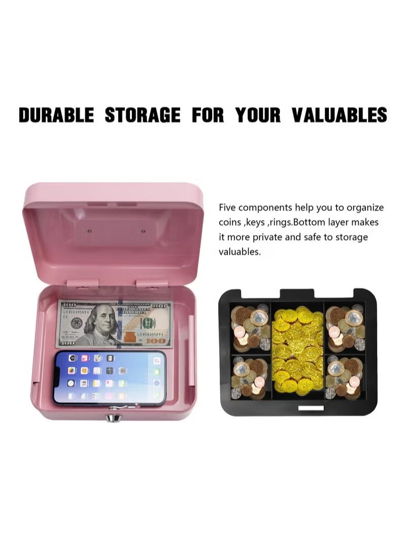 Steel Cash Box with Key Lock, Metal Small Money Organizer with Money Tray, Cash Storage Box with Lockable Cover, Pink - Image 3