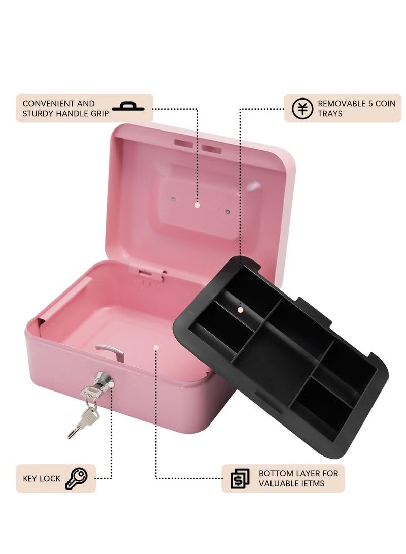 Steel Cash Box with Key Lock, Metal Small Money Organizer with Money Tray, Cash Storage Box with Lockable Cover, Pink - Image 5