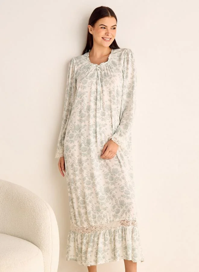 سبلاش فيڤ قميص نوم مطبوع بالزهور بأكمام طويلة وربطة عنق