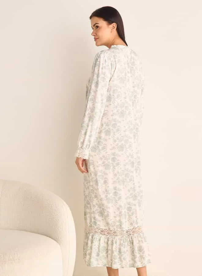 Splash FAV Floral Printed Night Gown with Long Sleeves and Tie-Up Neck