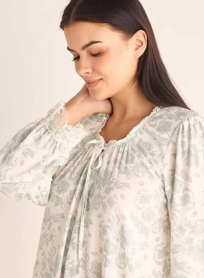 Splash FAV Floral Printed Night Gown with Long Sleeves and Tie-Up Neck