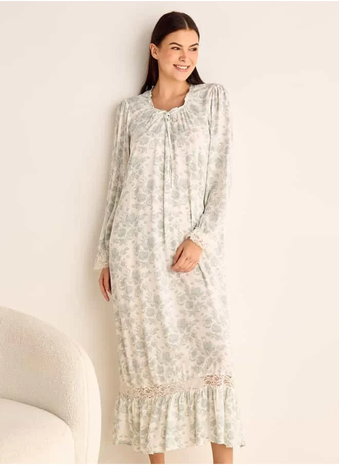 Splash FAV Floral Printed Night Gown with Long Sleeves and Tie-Up Neck