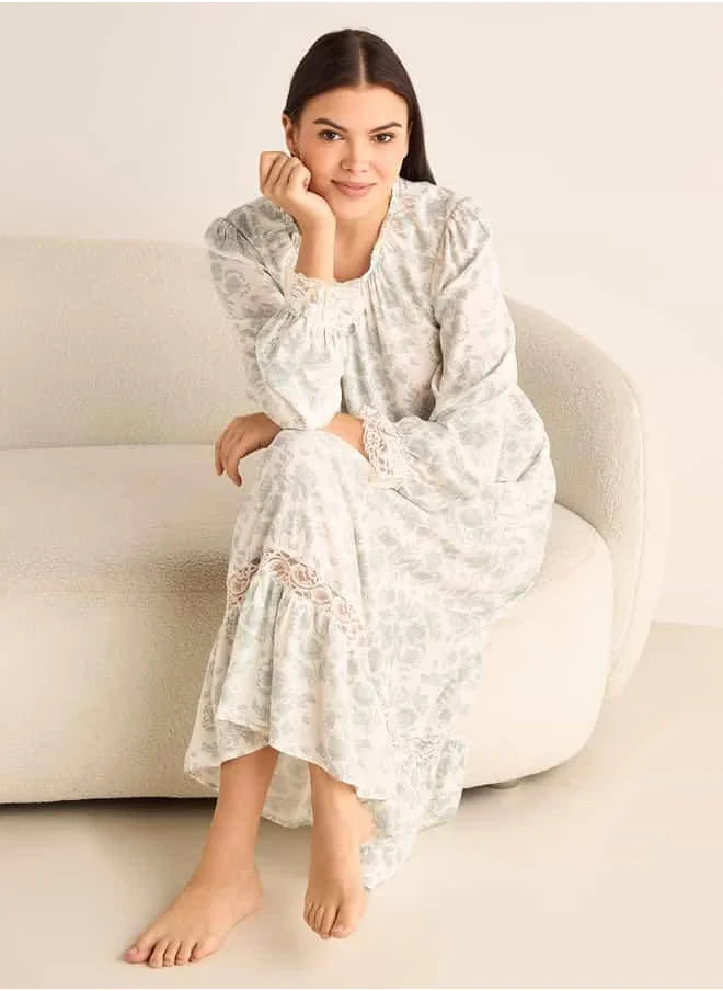 Splash FAV Floral Printed Night Gown with Long Sleeves and Tie-Up Neck