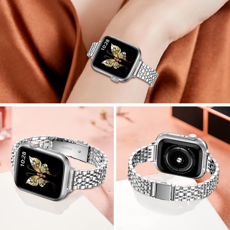 إيروريكس سوار ساعة Apple Watch Series 7 مقاس 45 مم رفيع من المعدن مزود بإبزيم مقلاع وسبع حبات (فضي) - Image 4