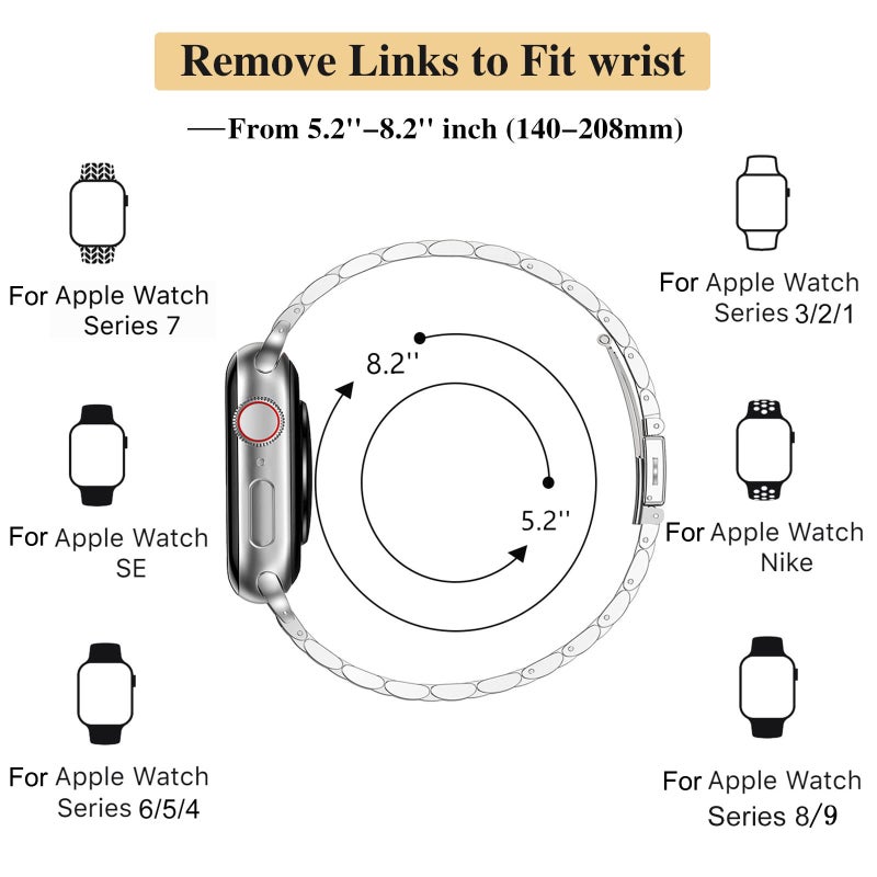 إيروريكس سوار ساعة Apple Watch Series 7 مقاس 45 مم رفيع من المعدن مزود بإبزيم مقلاع وسبع حبات (فضي) - Image 3