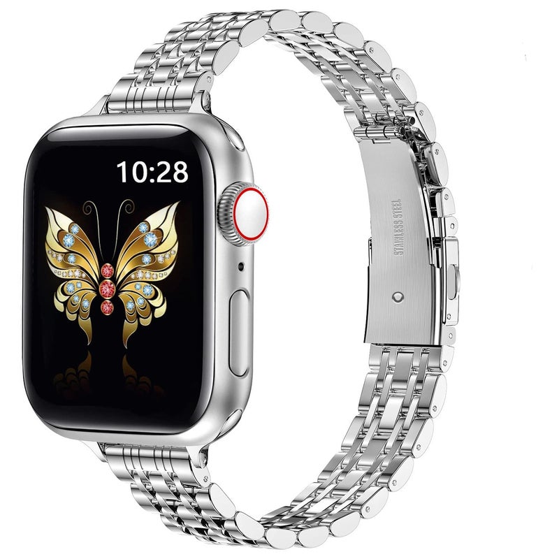 إيروريكس سوار ساعة Apple Watch Series 7 مقاس 45 مم رفيع من المعدن مزود بإبزيم مقلاع وسبع حبات (فضي) - Image 1