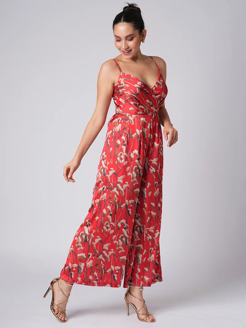 globus Women Sweetheart Neck Strappy Shoulder Floral Print Satin Wide Leg Party Jumpsuit
