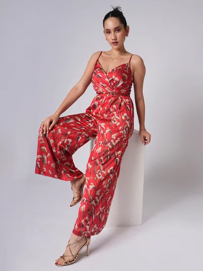 globus Women Sweetheart Neck Strappy Shoulder Floral Print Satin Wide Leg Party Jumpsuit