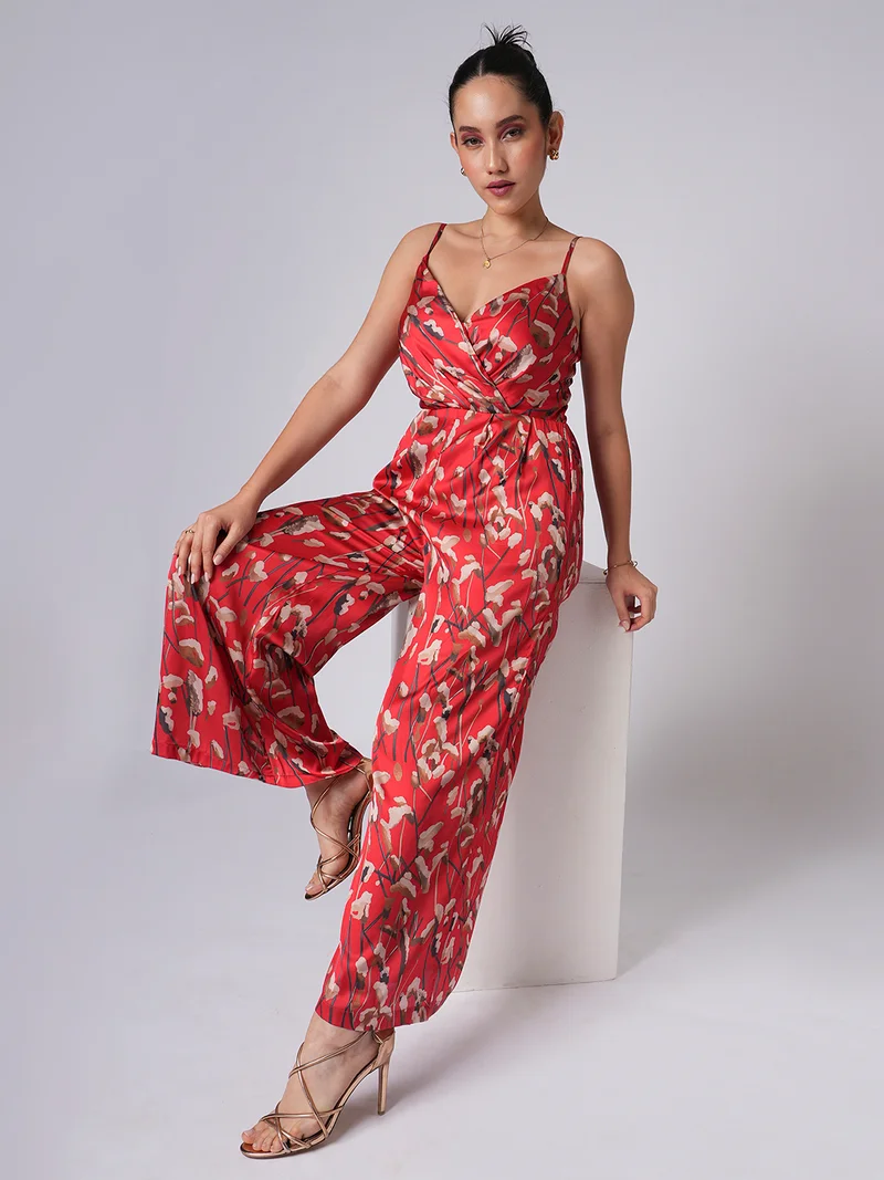 globus Women Sweetheart Neck Strappy Shoulder Floral Print Satin Wide Leg Party Jumpsuit