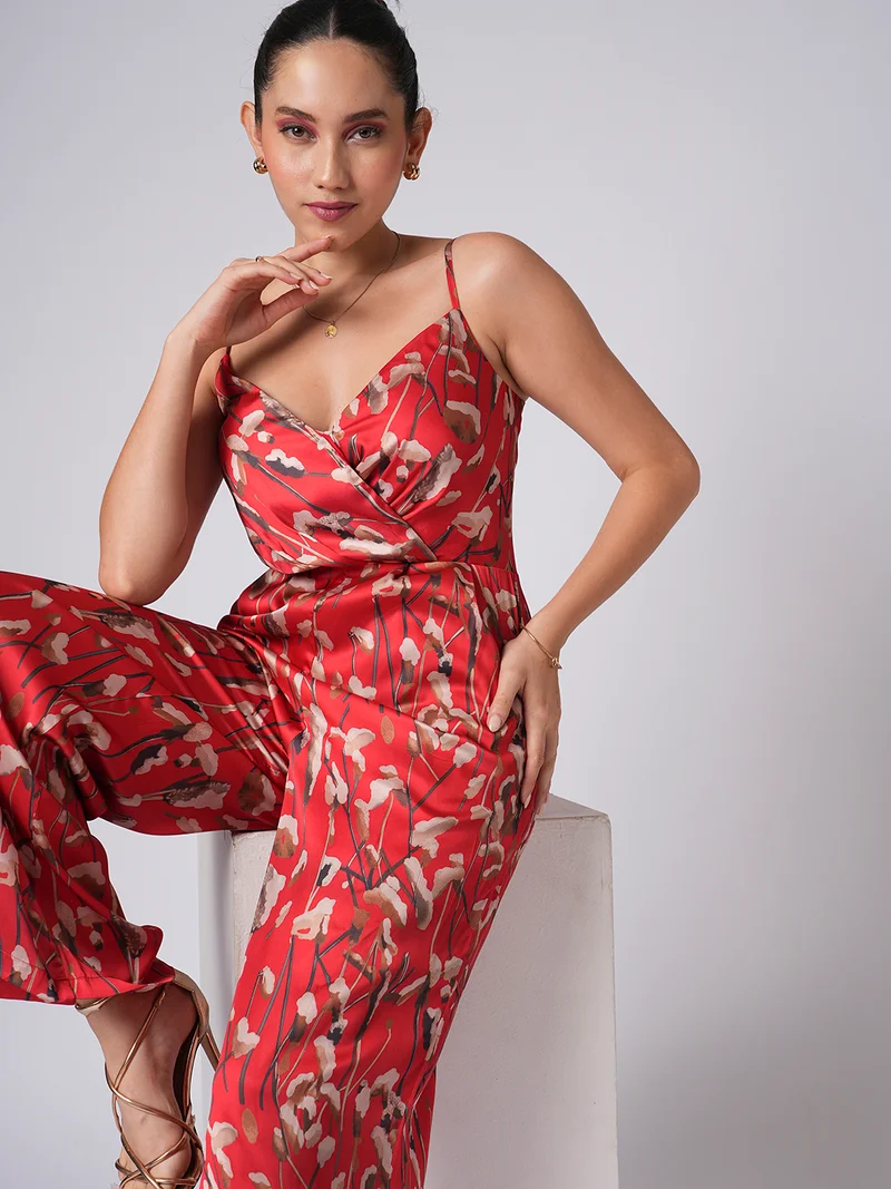 globus Women Sweetheart Neck Strappy Shoulder Floral Print Satin Wide Leg Party Jumpsuit