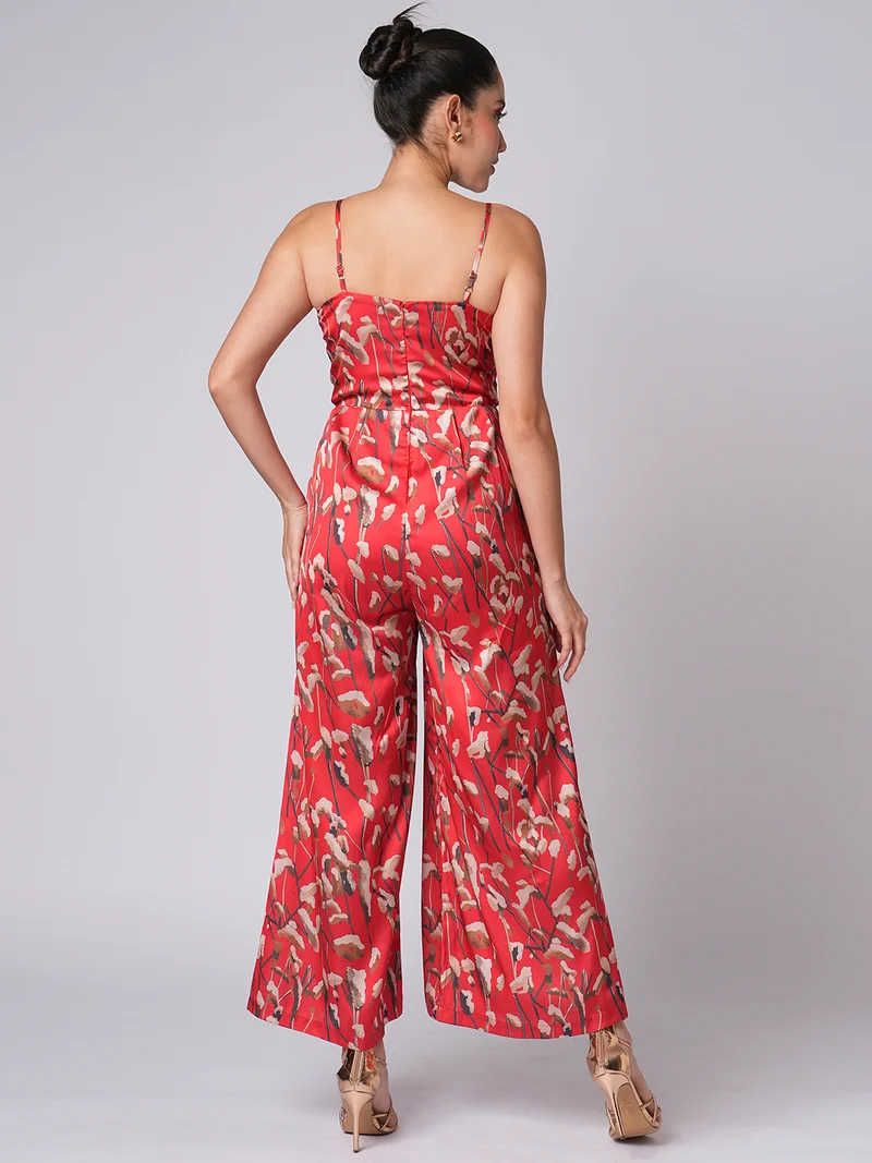 globus Women Sweetheart Neck Strappy Shoulder Floral Print Satin Wide Leg Party Jumpsuit