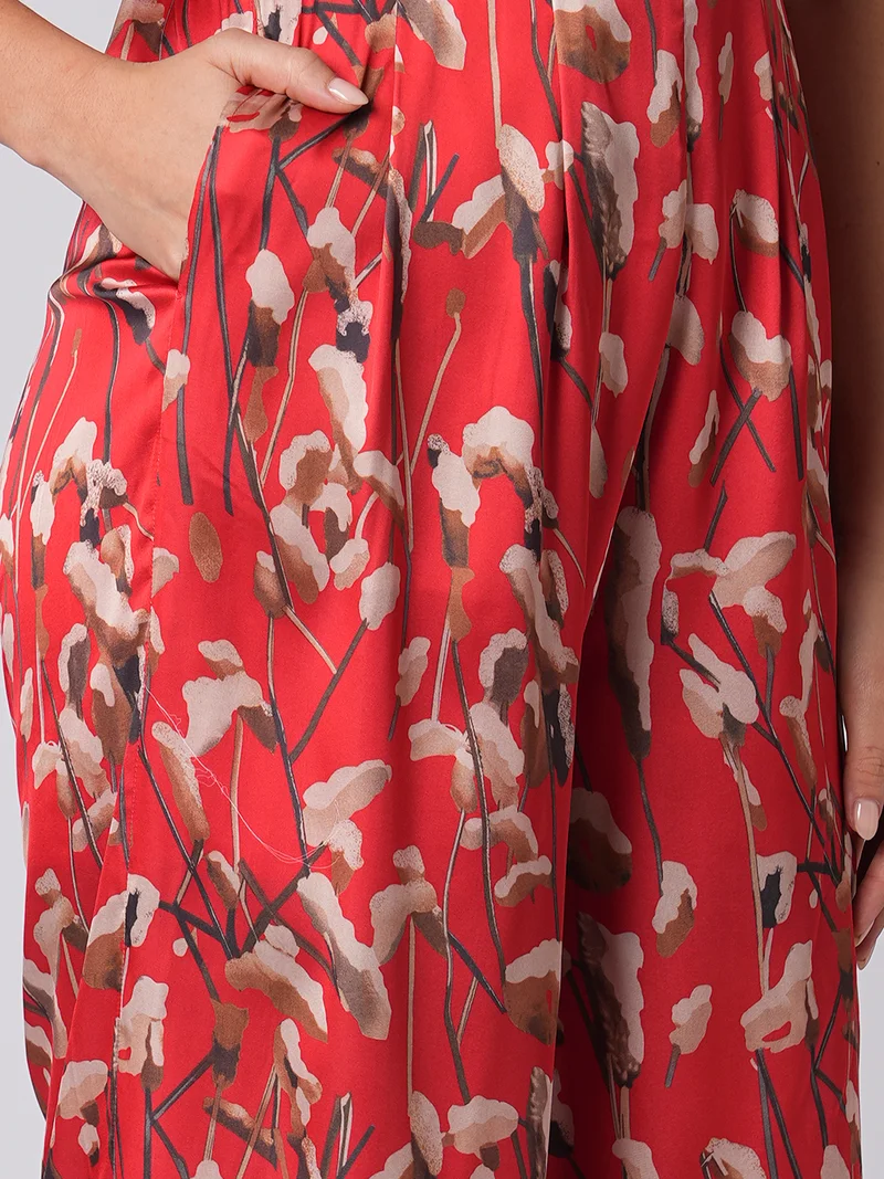 globus Women Sweetheart Neck Strappy Shoulder Floral Print Satin Wide Leg Party Jumpsuit