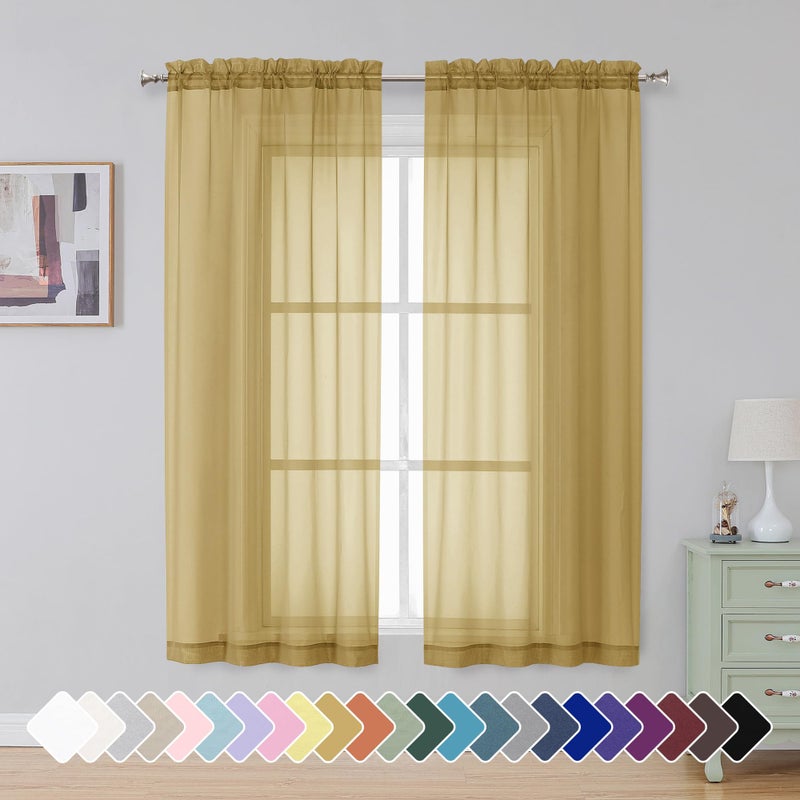 Simplebrand Gold Short Sheer Curtains 45 Inch Length for Small Windows Rod Pocket 2 Panels Set Solid Voile Drapes Window Sheer Curtains for Bedroom Bathroom Kids Room Kitchen 42x45 Inch 2pcs