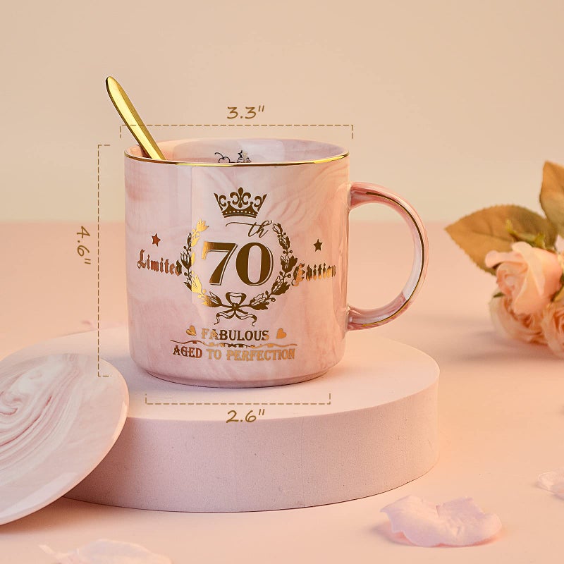 Biching 70th Birthday Gifts for Women - Aged to Perfection Coffee Mug - Unique Birthday Present for Grandma Mum Wife Girl Friend Sister - Pink Marble Mug for Coffee Lovers 14Oz Tea Cup Gift Boxed - Image 2