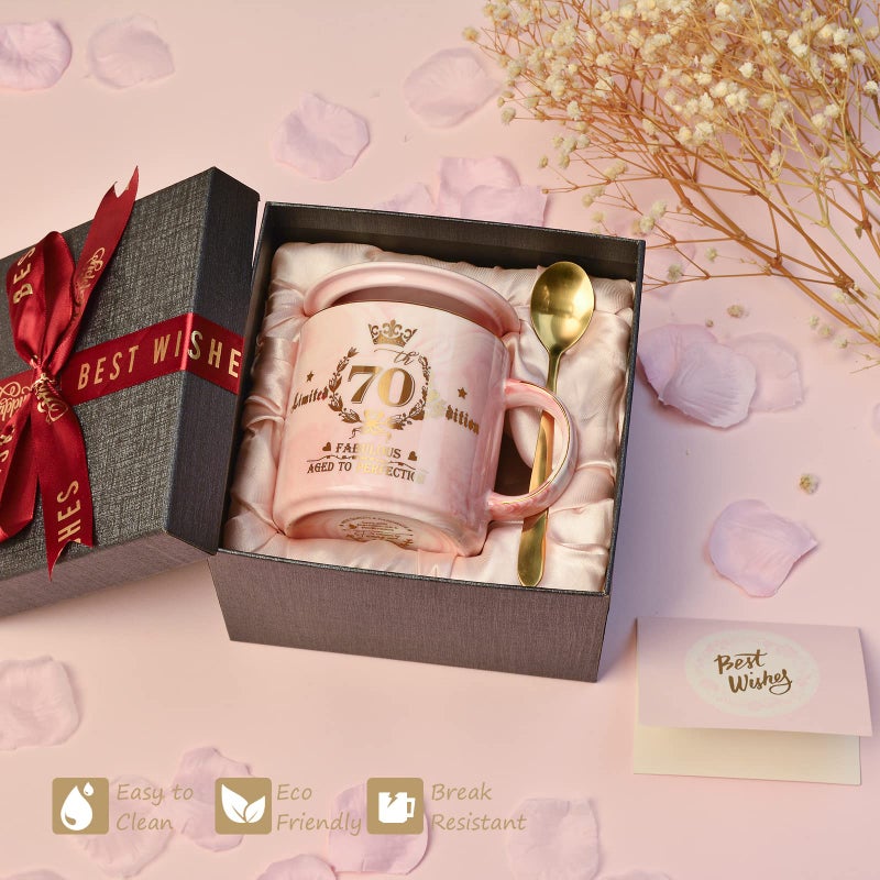 Biching 70th Birthday Gifts for Women - Aged to Perfection Coffee Mug - Unique Birthday Present for Grandma Mum Wife Girl Friend Sister - Pink Marble Mug for Coffee Lovers 14Oz Tea Cup Gift Boxed - Image 5