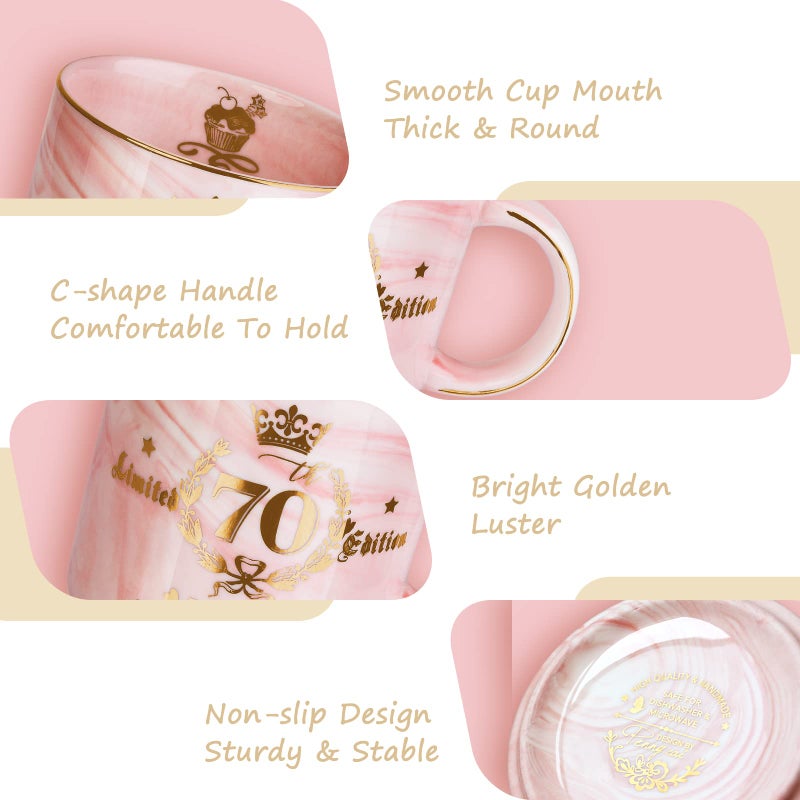 Biching 70th Birthday Gifts for Women - Aged to Perfection Coffee Mug - Unique Birthday Present for Grandma Mum Wife Girl Friend Sister - Pink Marble Mug for Coffee Lovers 14Oz Tea Cup Gift Boxed - Image 4
