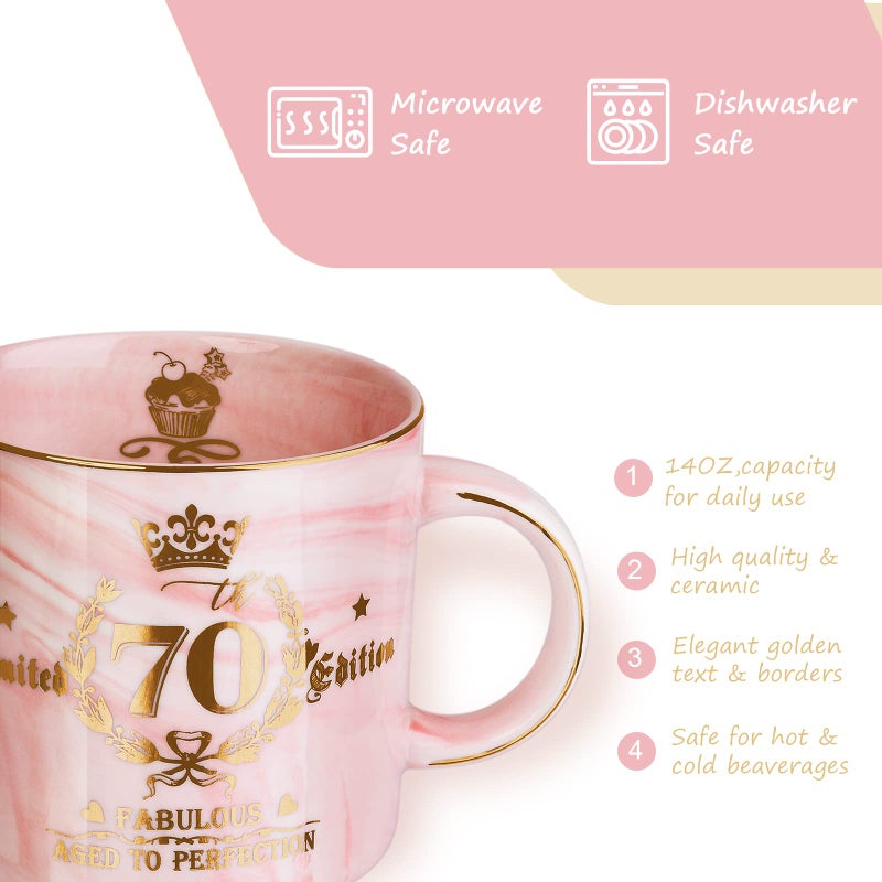 Biching 70th Birthday Gifts for Women - Aged to Perfection Coffee Mug - Unique Birthday Present for Grandma Mum Wife Girl Friend Sister - Pink Marble Mug for Coffee Lovers 14Oz Tea Cup Gift Boxed - Image 3