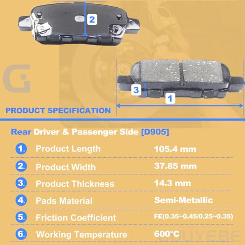 GuuYebe 8 PCS Brake Pads Front and Rear Kit, For Nissan 2009-2019 Maxima and 2009-2012 Sentra and 2014-2017 Juke, Replace For 1374 D1374 905 D905 - Image 4