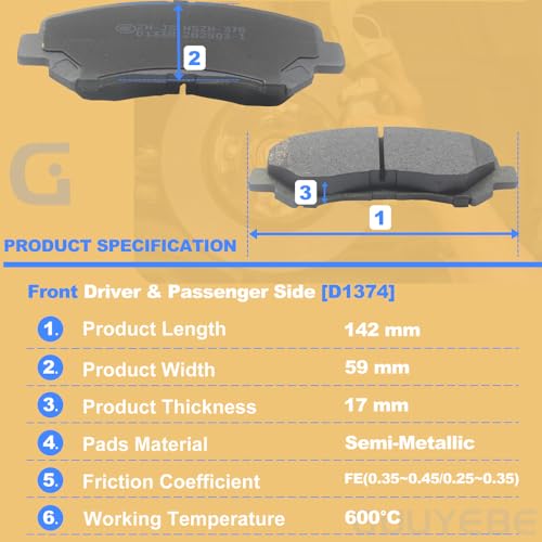 GuuYebe 8 PCS Brake Pads Front and Rear Kit, For Nissan 2009-2019 Maxima and 2009-2012 Sentra and 2014-2017 Juke, Replace For 1374 D1374 905 D905 - Image 3
