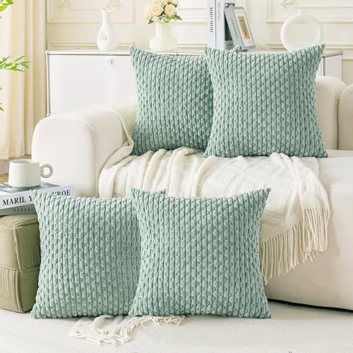 Cozoomy Set of 4 Aqua Decorative Throw Pillow Covers 18x18 Inch Corduroy Pillow Covers for Bed Couch Sofa Living Room Soft Square Cushion Cases - Image 1