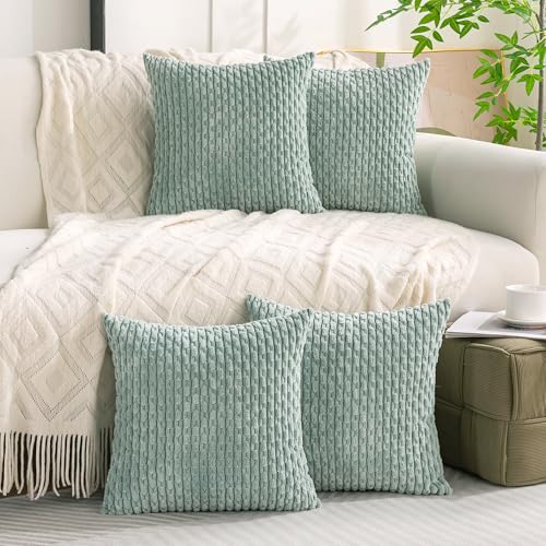 Cozoomy Set of 4 Aqua Decorative Throw Pillow Covers 18x18 Inch Corduroy Pillow Covers for Bed Couch Sofa Living Room Soft Square Cushion Cases - Image 2