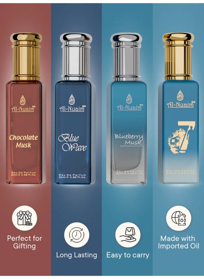 Al Nuaim French 4 EDP Gift Set Unisex (4 x 20ml) | Chocolate Musk, Blueberry Musk, Blue Wave 07 Eau de Parfum | Long Lasting Multi Fragrance Luxury Perfume Collection for Men & Women - Image 4