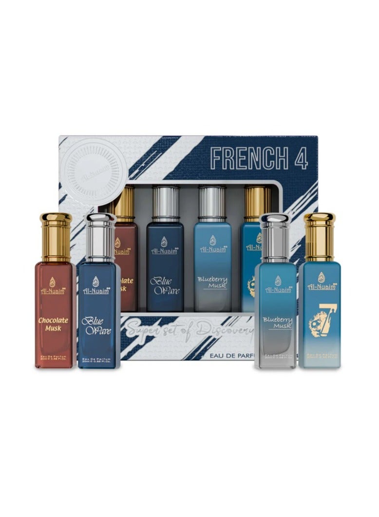 Al Nuaim French 4 EDP Gift Set Unisex (4 x 20ml) | Chocolate Musk, Blueberry Musk, Blue Wave 07 Eau de Parfum | Long Lasting Multi Fragrance Luxury Perfume Collection for Men & Women - Image 1